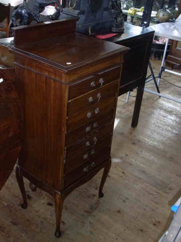 Edwardian Mahogany Seven Drawer Music Cabinet on Cabriole Legs