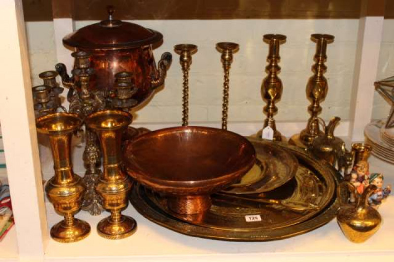 Copper urn and bowl, two pairs of brass candlesticks, trays, candelabra, vases, two Hummel figures etc