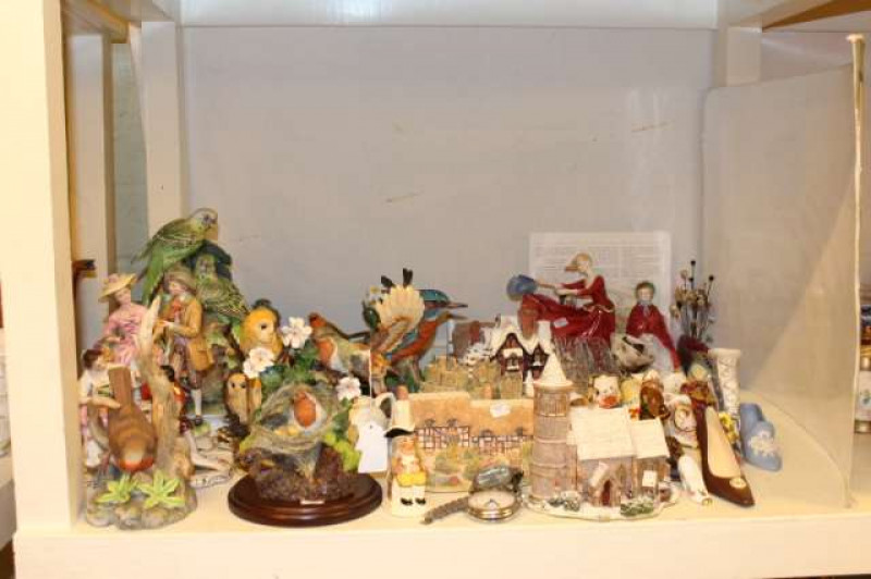 Collection of model birds, Lilliput Lane models, pottery shoes, two Doulton and other figurines, etc