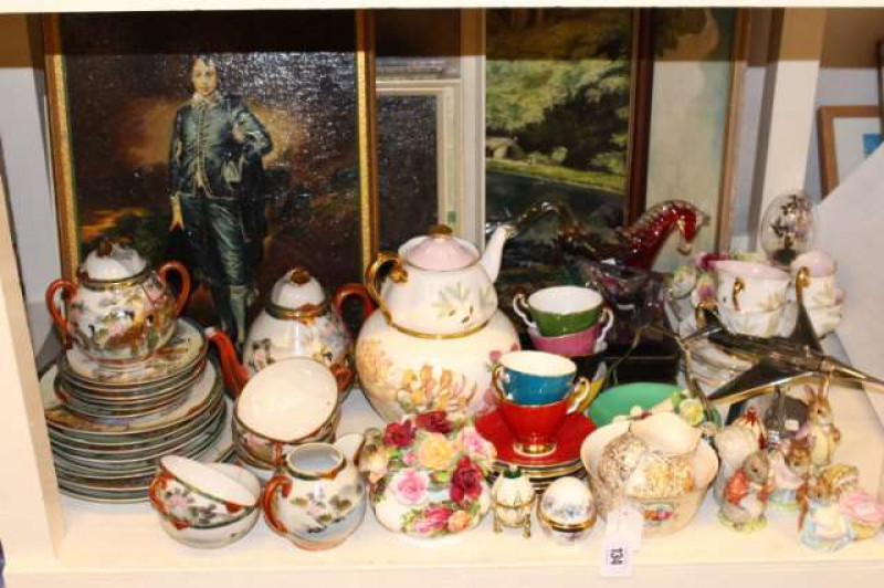 Pictures, Oriental and Adderley tea ware, four Beswick Beatrix Potter figures, posies, glass ornaments, aeroplane table lighter, etc