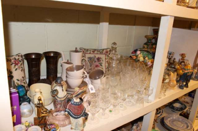 Poole tea set, silver plated tea set, glasses, ornaments, two Lladro figures, etc