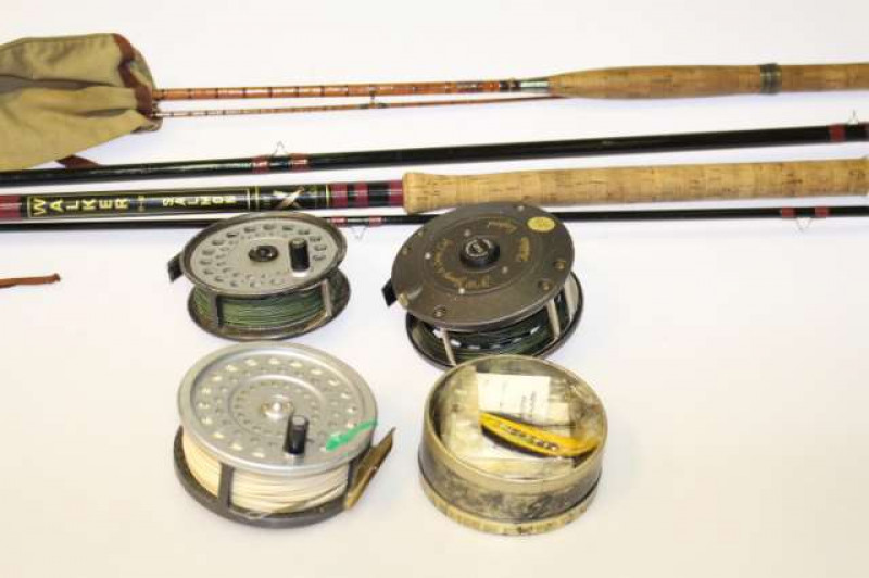 Two fly fishing rods, three reels and flies