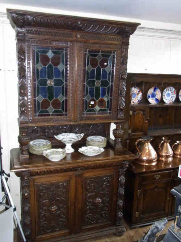 Heavily Carved Victorian Oak Leaded Glazed Door Cabinet Bookcase