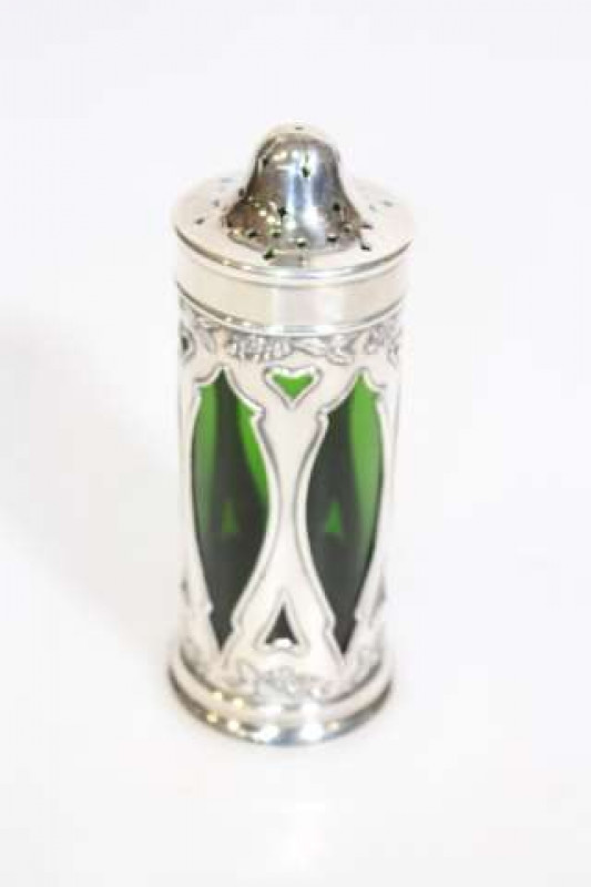 Art Nouveau silver-plated and green-glass sugar sifter by Henry Wilkinson