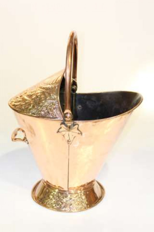 Embossed polished copper swing handle coal bucket