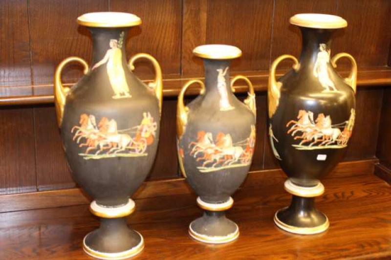Garniture of three large Victorian vases with chariot decoration