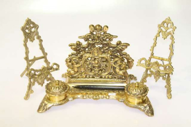 Ornate brass desk stand and two photograph easel stands (3)