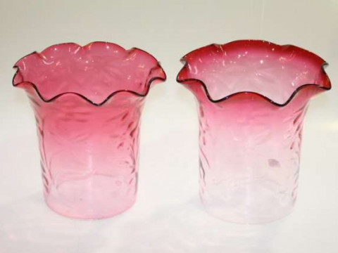Pair ruby tinted oil lamp shades