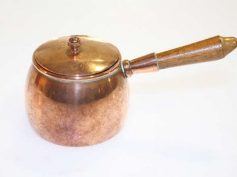 Copper vesta case in the form of a pan with turned wood handle