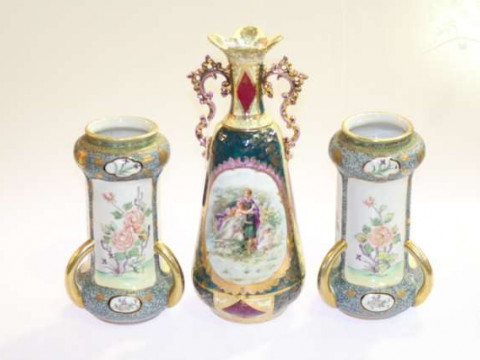 Pair Nippon flower painted and three handle vases and a Vienna vase (3)