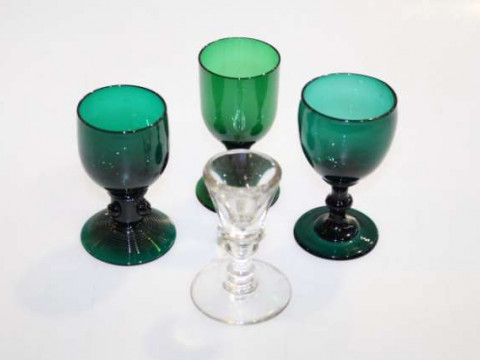 Three Antique green glass goblets, toasting glass and rummer (5)