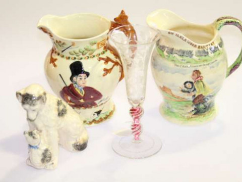 Two Crown Devon verse jugs, dog and cat ornament and engraved goblet (4)