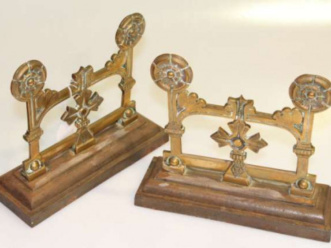 Pair of Aesthetic brass andirons, registration lozenge for 1874