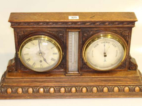 19th Century carved oak clock, barometer and thermometer set