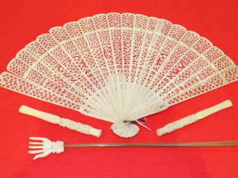 19th Century bone fan, back scratcher and two cheroot holders