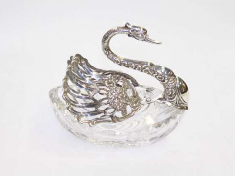 Silver-mounted glass swan-form bowl