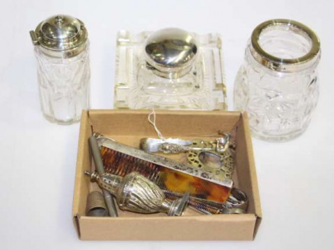Silver-topped inkwell, silver-rimmed jar, silver thimble, etc