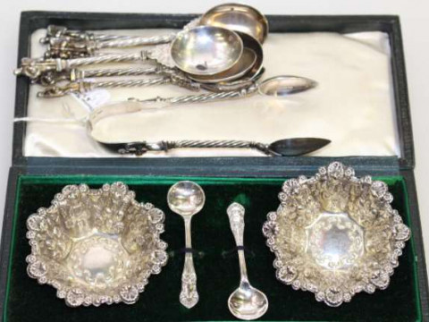 Cased pair of silver salts, etc