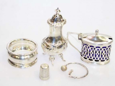 Silver mustard, silver napkin ring, etc