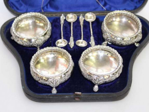 Cased set of four Victorian silver-plated salts
