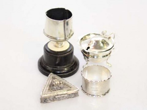 Silver napkin ring, silver mustard, etc