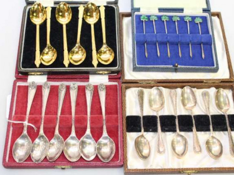 Set of six silver teaspoons, set of six silver coffee spoons, set of six...