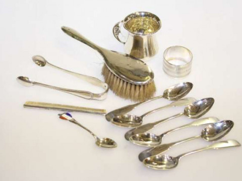 Set of six Edinburgh silver teaspoons, silver christening mug, etc