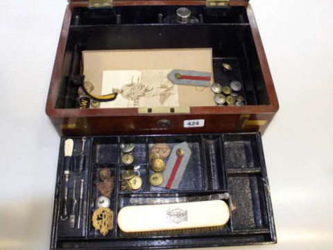 19th Century brass-bound mahogany campaign box and contents