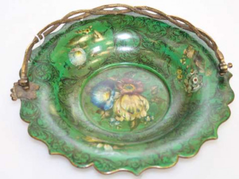19th Century floral painted and green lacquered papier mache basket