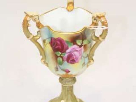 Continental 'Worcester' style rose painted three handled vase