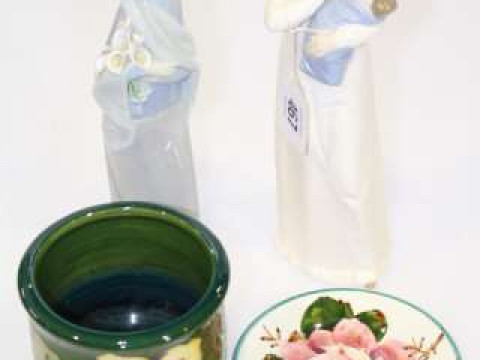 Small Wemyss dish, Moorcroft vase, Lladro and Nadal figures (4)