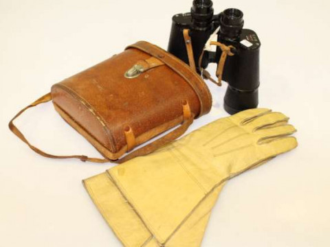 Pair Zenith binoculars and leather gloves