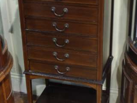 Edwardian mahogany and chequer inlaid six drawer music cabinet