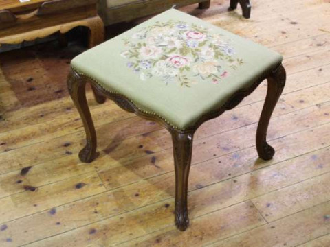 Cabriole leg stool with floral needlework seat