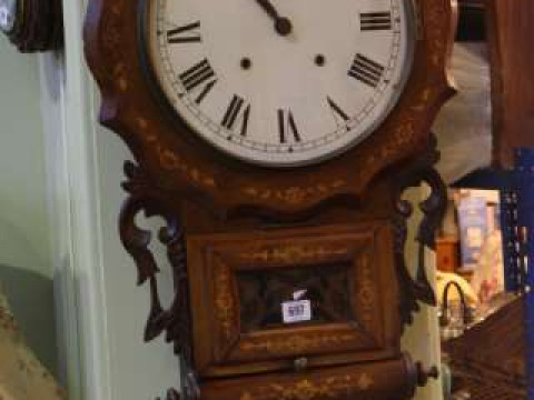 Victorian walnut and satinwood drop dial wall clock