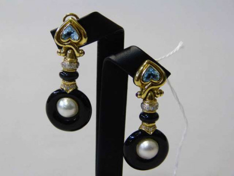 Pair of 18 carat gold, mabe pearl, diamond and blue topaz earrings