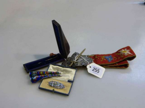 Russian silver buckled embroidered belt, pair of Chinese enamel finger...
