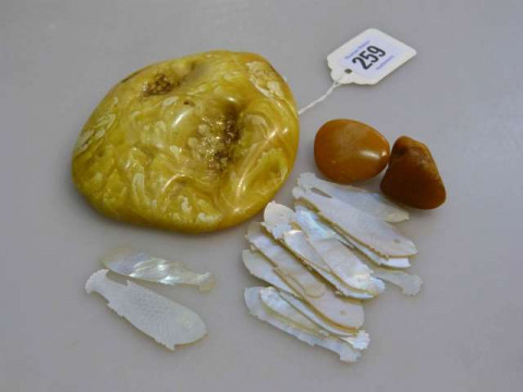 Collection of Chinese mother-of-pearl gaming counters and three amber-coloured...