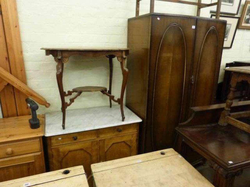 Butilux walnut bow front gents wardrobe (woodwormed) and Victorian marble topped two door cupboard (2)