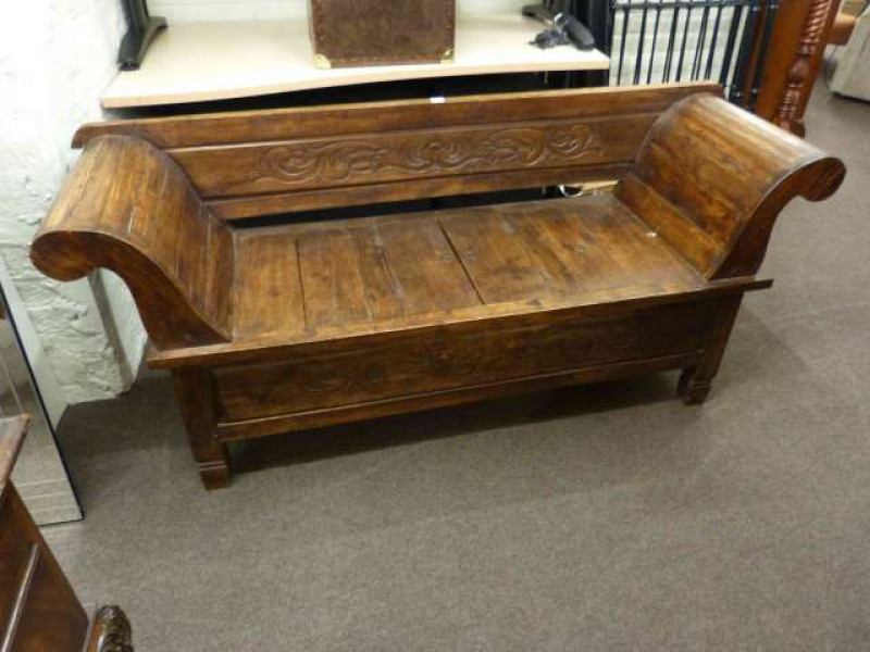 Carved hardwood scroll end box bench