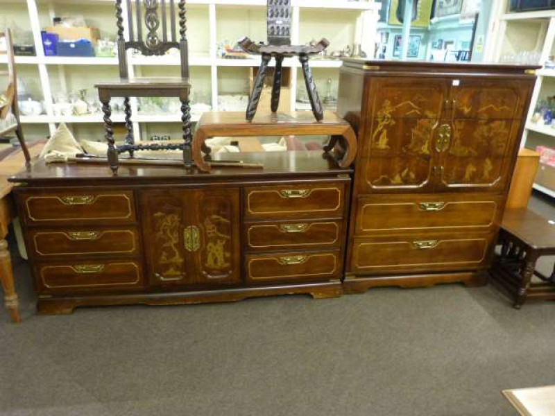 Japanned dressing table and five drawer chest