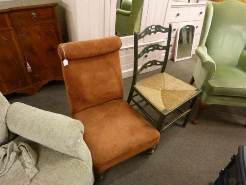 Turned leg nursing chair and painted pierced ladder back rush seated side chair (2)