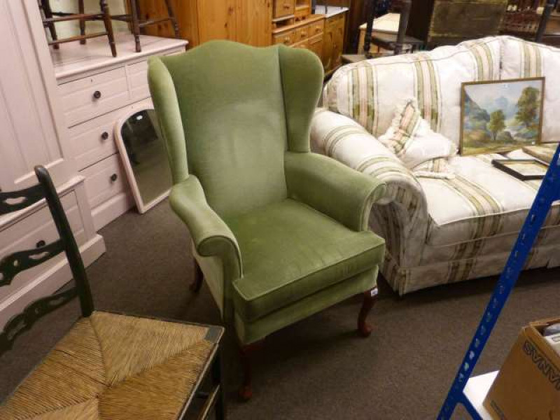Parker Knoll wing fireside chair in green draylon