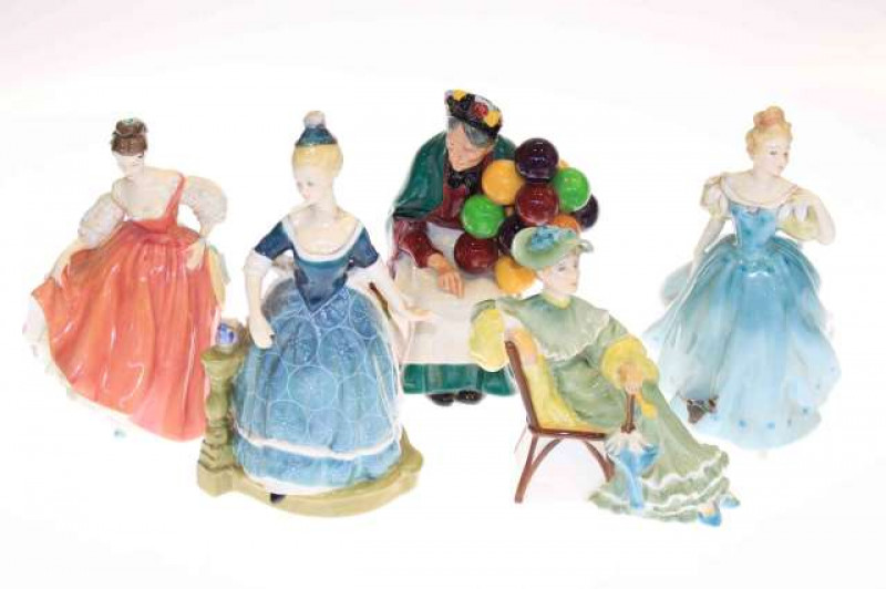 Five Royal Doulton figures including The Old Balloon Seller, Ascot, Clarinda, etc