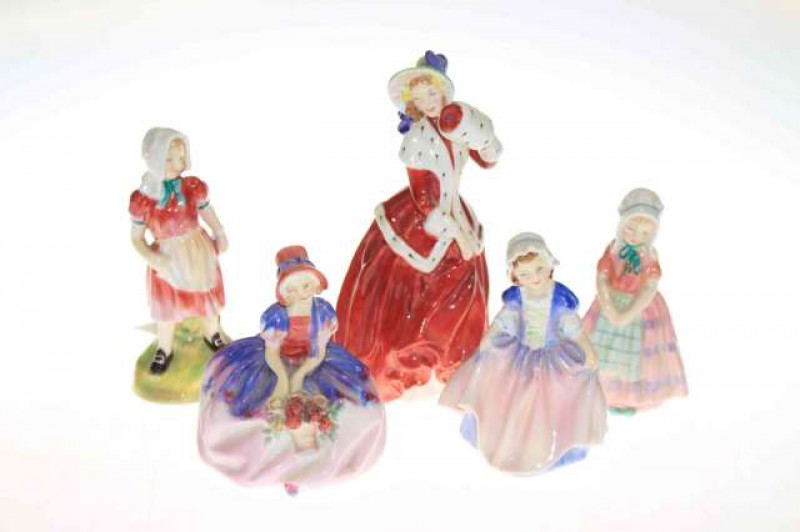 Five Royal Doulton figurines including Christmas Morn, Jill, Monica, Dinky Do and Tootles