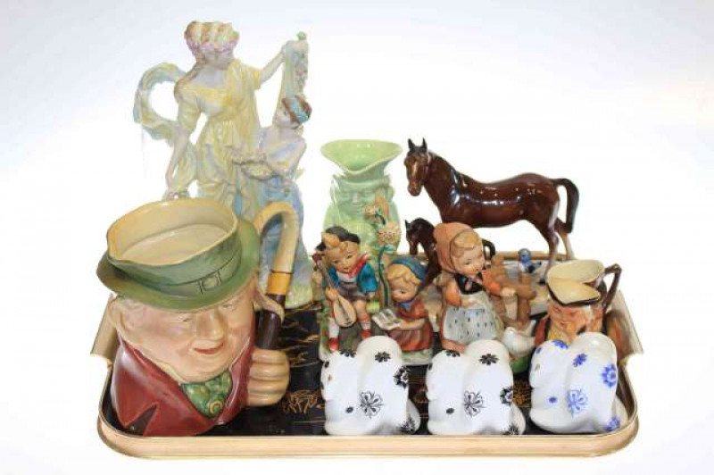 Wedgwood figure, three Crown Derby paperweights, Beswick character jug, horse group, etc