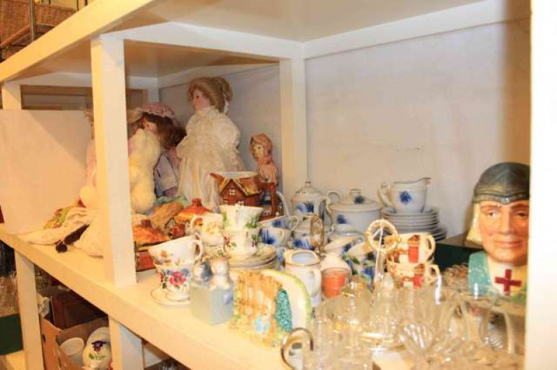Dolls and soft toys, china, glass, Doulton St. George character jug, etc