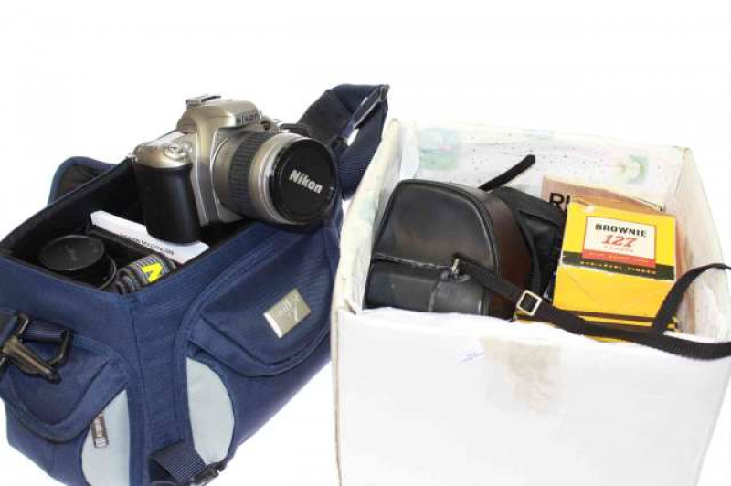 Nikon F55 camera lenses and bag and other cameras