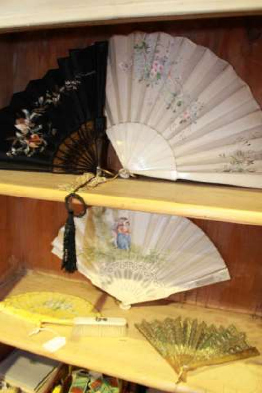 Framed silk fan and others with ivory backed brush