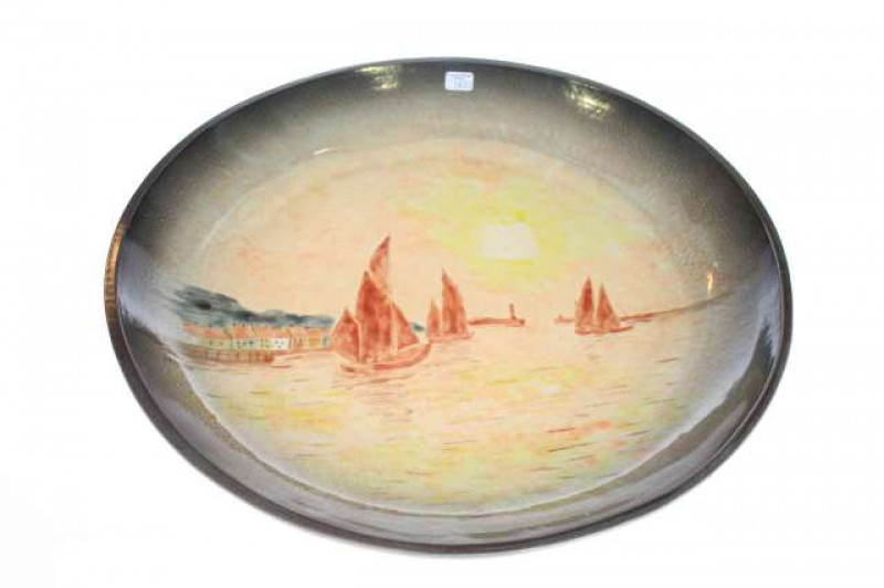 Eskdale Pottery circular plaque decorated with Whitby scene